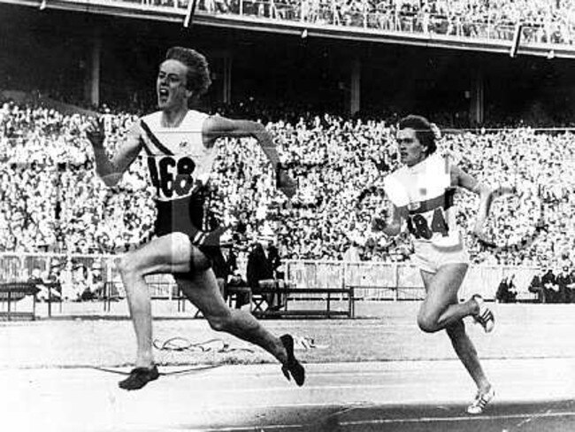 Betty Cuthbert competing in the women's 200m final, ahead of Christa Stubnik (Germany), at the 1956 Melbourne Olympic Games.