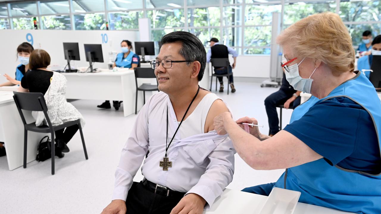 Bishop Vincent Long gets the Covid-19 vaccine at the Vaccination Hub at Sydney Olympic Park. Picture: NCA NewsWire / Jeremy Piper