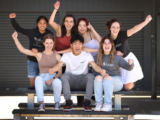 East Doncaster Secondary College students Kristy, Claire, Elisha, Jordan, Chloe, Zoe and Azbije celebrate their results. Picture: David Caird