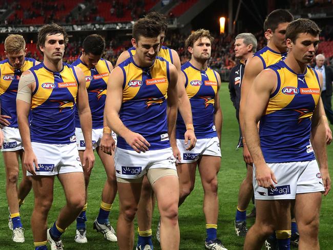 Dejected West Coast leave the field during AFL Semi Final match between the GWS Giants and West Coast Eagles at Spotless Stadium. Picture. Phil Hillyard