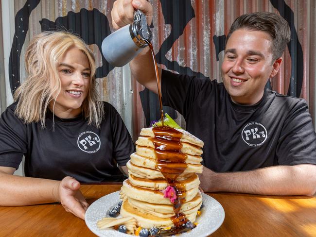 Mitchell Sariovski and partner Lauren Bent at their recently purchased, Pancake Kitchen in Adelaide CBD. Pictured on Jan 31st 2025. Picture: Ben Clark