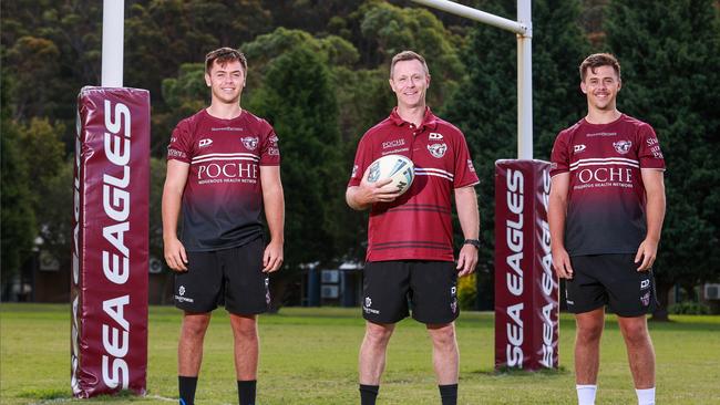 Grandsons of NRL immortal Bob Fulton, Jake (left) and Kobe (left) with their dad Brett Fulton. Picture: Justin Lloyd.