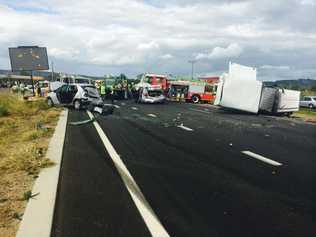 A man was airlifted from the scene of a five-vehicle collision on the Warrego Hwy at Hatton Vale. In front of Rusty's service station. . Picture: Amy  Lyne