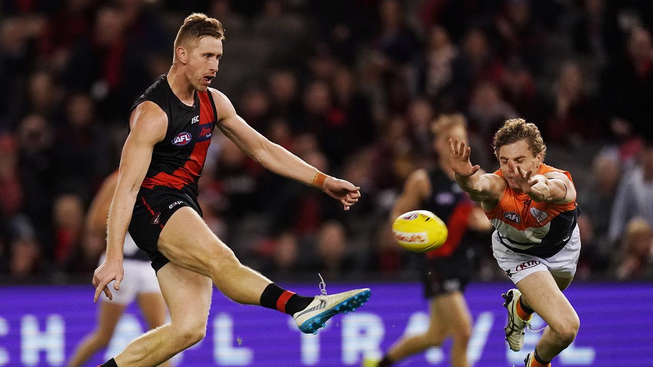 Adam Kennedy appeared to get a finger to this kick from Shaun McKernan that tied the scores with two minutes left in Essendon’s win over GWS. (Photo by Michael Dodge/Getty Images)