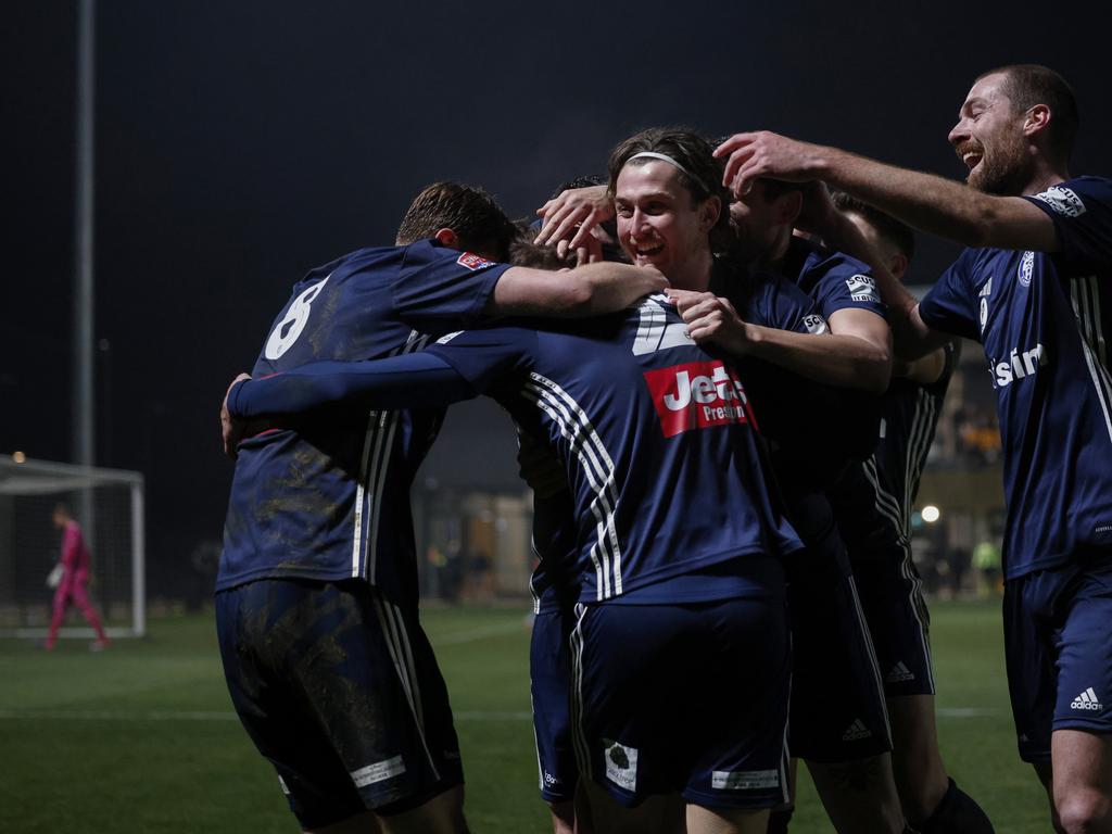 Oakleigh Cannons players celebrate during their Australia Cup upset win over Sydney FC. Picture: Daniel Pockett/Getty Images