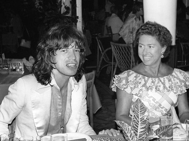 Princess Margaret in a restaurant in the French West Indies in 1976 with Rolling Stone rocker Mick Jagger. Picture: AFP/Jacques Gustave