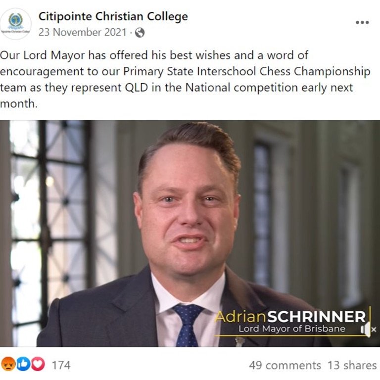 Lord Mayor Adrian Schrinner appears in a video supporting Citipointe Christian College in November 2021.