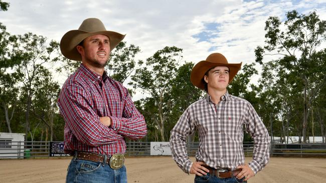 Champion bareback rider Ryan Livingstone with up and coming rider Cody Quilliam can't wait for the action to start at the Bartlett Park Rodeo. Picture: Evan Morgan