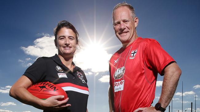 St Kilda AFLW coach Peta Searle and assistant coach Nathan Burke before training at Seaford. Picture: Michael Klein