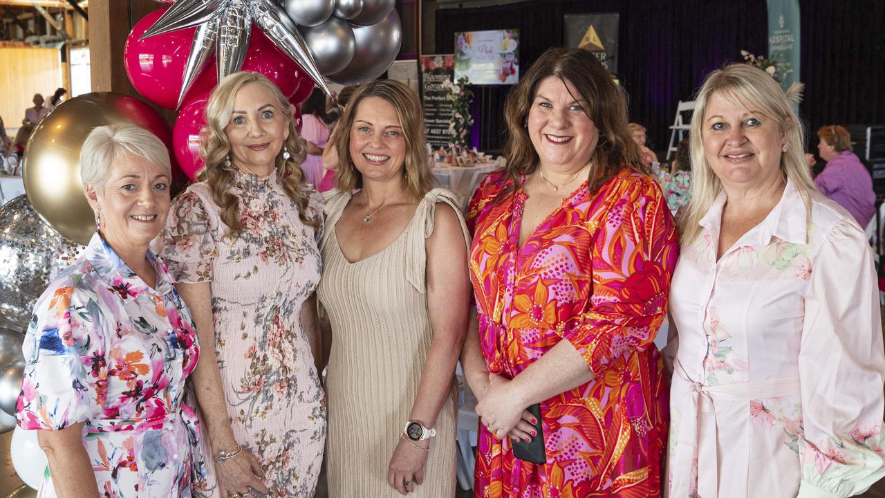 At the Pink High Tea are (from left) Michelle Spence, Tabitha McDonnell, Suzanne Krause, Robyn Dunn and Louise Cartwright raising funds for Toowoomba Hospital Foundation at The Goods Shed, Saturday, October 12, 2024. Picture: Kevin Farmer