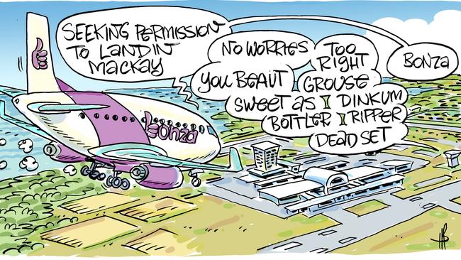 Cartoonist Harry Bruce's take on Bonza's planned new flights from Mackay and Whitsunday Airports.