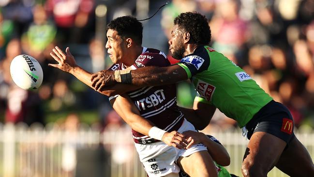 Tolutau Koula will fill in for Tom Trbojevic at fullback for Manly. Picture: Mark Kolbe/Getty Images