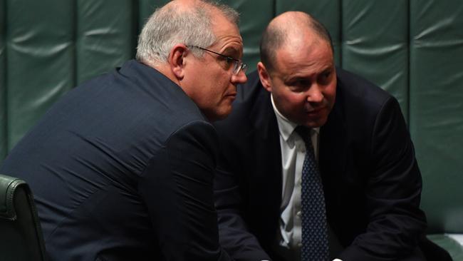 Former PM Scott Morrison and former treasurer Josh Frydenberg during Question Time in Parliament during 2020. Picture: Sam Mooy/Getty Images