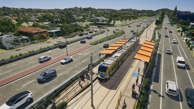 Artist impression of Gold Coast Light Rail Stage 4 between Tugun and Coolangatta, including Gold Coast Airport and the NSW border. Picture: Department of Transport and Main Roads.