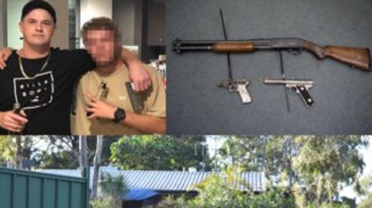 TOP LEFT: Daryl David Hall posted this photo on Facebook, in which he is pictured holding a gun which was seized as part of the search. TOP RIGHT: Weapons seized. BOTTOM: Police located drugs and other unlawful items in this house in Booral.