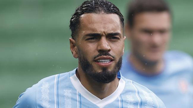 MELBOURNE, AUSTRALIA - JANUARY 07: Hamza Sakhi of Melbourne City warms up before the A-League Men round 11 match between Western United and Melbourne City at AAMI Park, on January 07, 2024, in Melbourne, Australia. (Photo by Daniel Pockett/Getty Images)