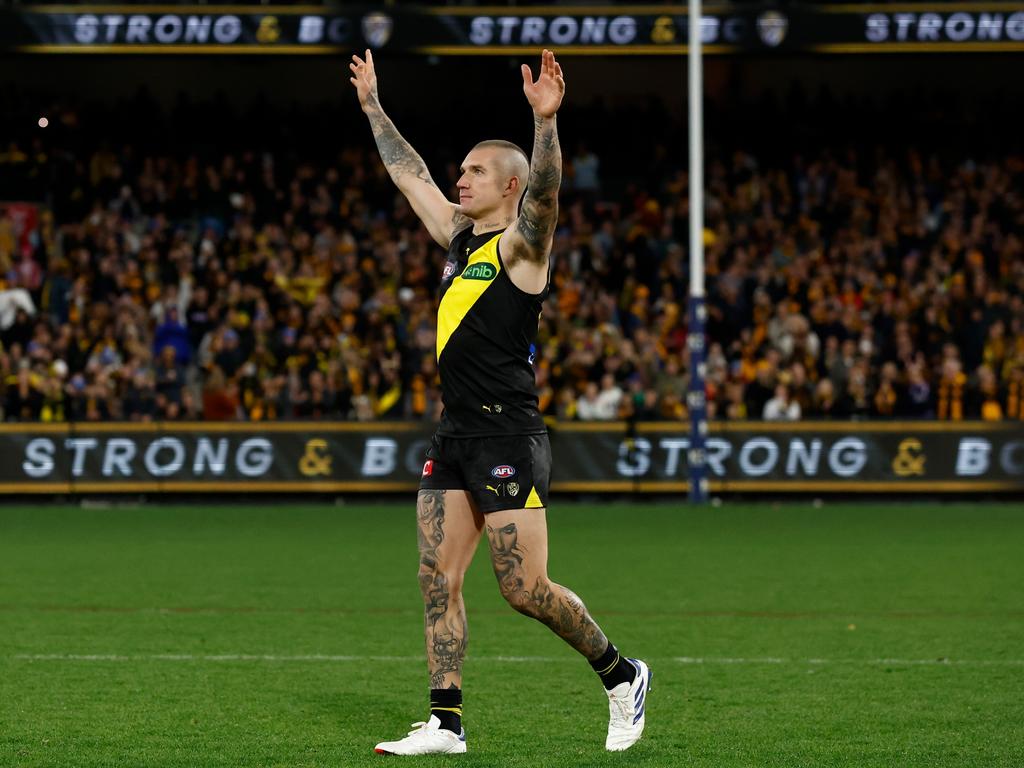 Dustin Martin says thank you to fans after his 300th game. Picture: Michael Willson/AFL Photos