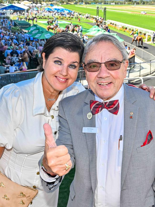 Wolf Blass with his daughter Sharyn at the Adelaide Cup in 2024. Picture: NCA NewsWire / Brenton Edwards