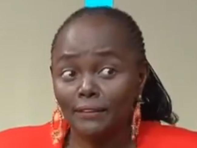 Screengrabs from a video posted on Twitter by @MsRebeccaRobins of Liberal senator Lucy Gichuhi on Kenyan TV. "#auspol   @kimbakit Hey Kim want to ask are you happy with 200K a year ? seem one of the Liberal senators is not happy says it's not enough from live Kenyan TV"