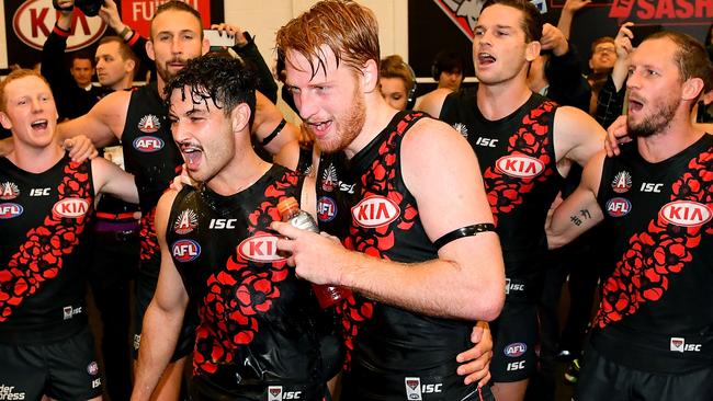 Aaron Francis sings the song after a win last year. Pic: Getty Images