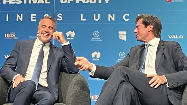 South Australian Premier Peter Malinauskas and AFL CEO Gillon McLachlan at the official Gather Round business lunch. Picture: Paul Starick