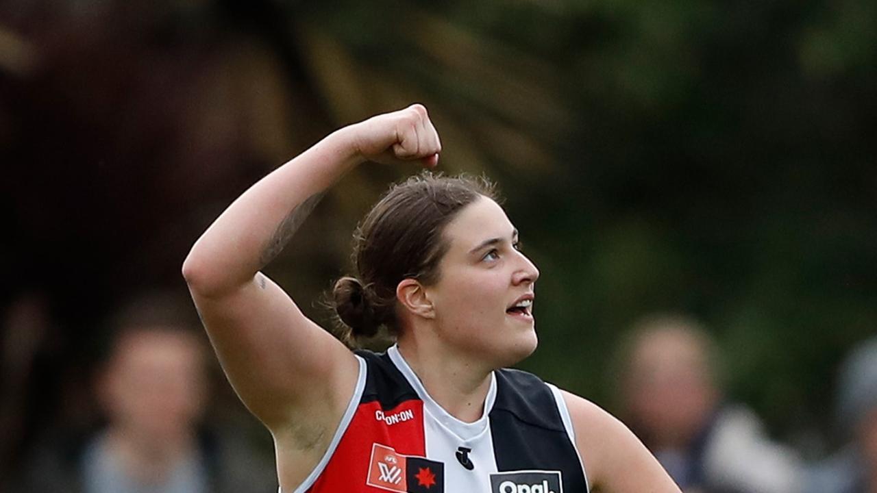 Caitlin Greiser celebrates her special goal. Picture: Dylan Burns/AFL Photos via Getty Images