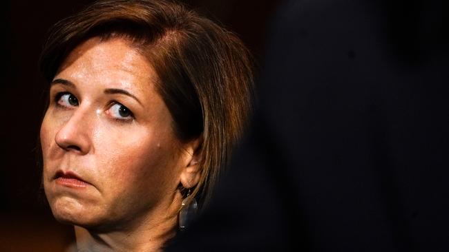 Ashley Estes Kavanaugh, the wife of Brett Kavanaugh, looks on as he testifies. Picture: AFP