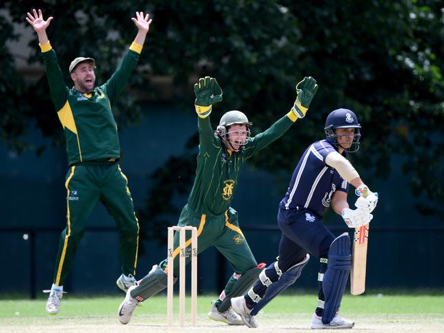 NorthcoteÃs Blayde Baker and CarltonÃs Nikhil Deep Pottabathini during the Premier Cricket: Carlton v Northcote match in Carlton North, Saturday, Jan. 30, 2021. Picture: Andy Brownbill