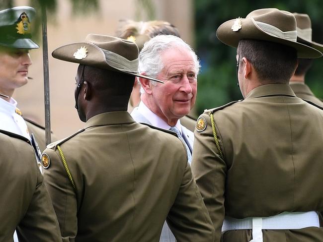 Prince Charles inspects the royal guard during a visit to Brisbane. Picture: Dan Peled/AAP