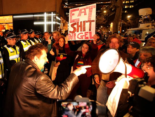 07/09/2018: Police try to separate protesters and supporters at a Nigel Farage speech at the Sofitel hotel in Melbourne. Stuart McEvoy/ The Australian.