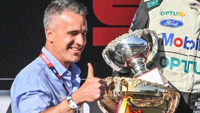 Premier Peter Malinauskas with the winners trophy after the Supercars Championship at the Adelaide 500 in 2024. Picture: Brenton Edwards