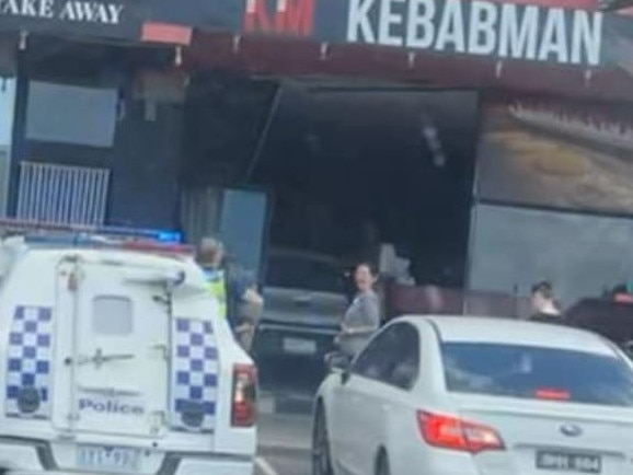 Chaotic scenes as car crashes through kebab shop