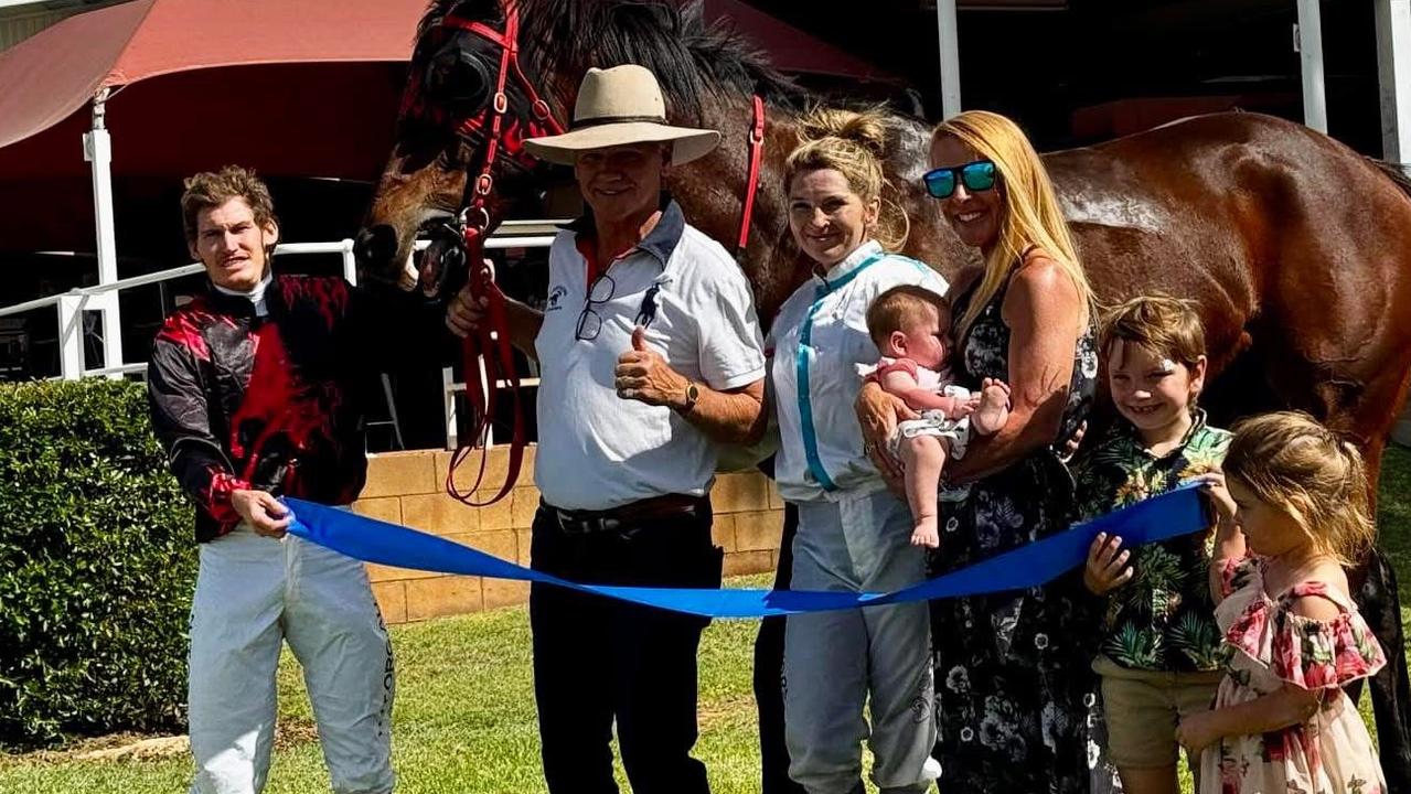 Brendon Newport (left) and Sarah Robbins (third from left) lost their riding gear when a fire destroyed their mobile home.
