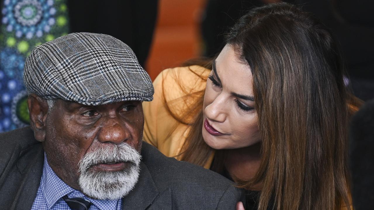 Senator Thorpe and Walpiri Elder Ned Hargraves of the Blak Sovereign Movement hold a press conference at Parliament House. Picture: NCA NewsWire / Martin Ollman