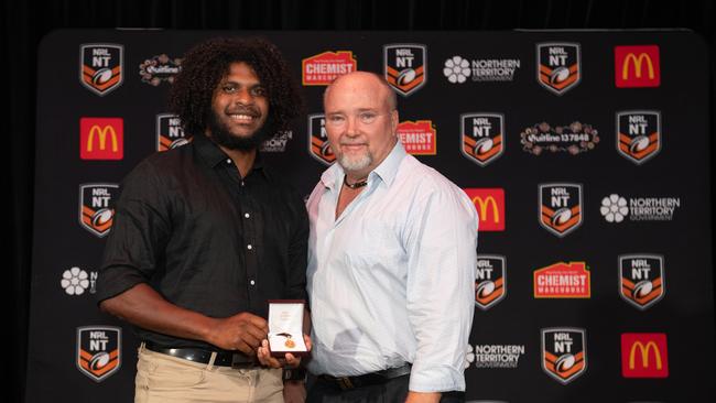 Caleb Niki and Steve Shervill at the 2023 NRL NT Frank Johnson / Gaynor Maggs medal night. Picture: Pema Tamang Pakhrin