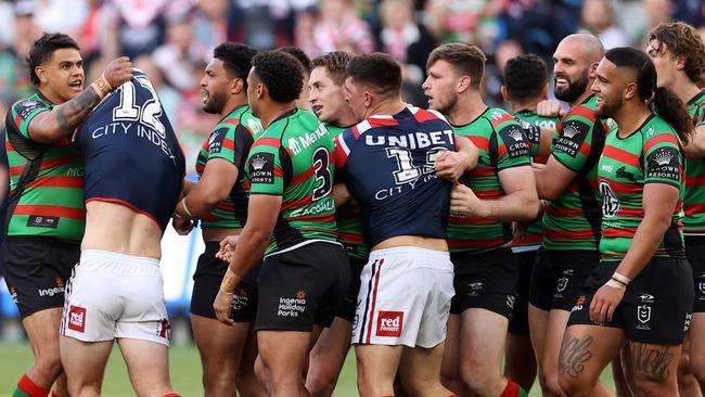 Latrell Mitchell scuffles with Nat Butcher. Picture: Mark Kolbe/Getty Images