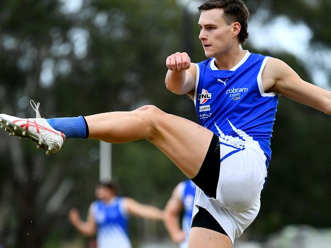 Corey Preston of East Ringwood kicks during the round eight EFNL Premier Eastland Senior Mens match between Rowville and East Ringwood at Seebeck Oval, on June 01, 2024, in Melbourne, Australia. (Photo by Josh Chadwick)