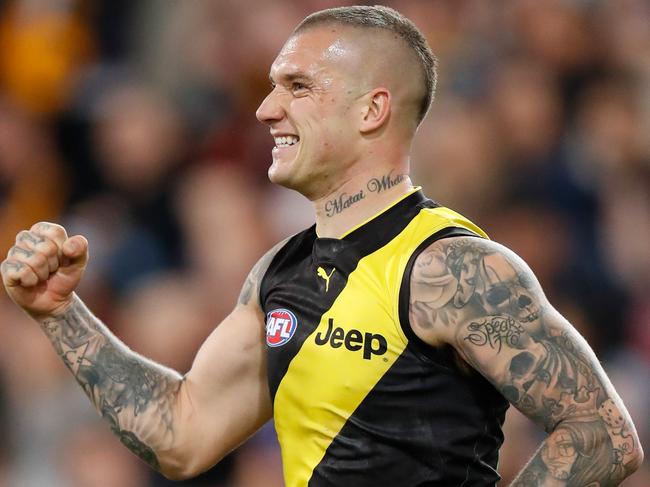 BRISBANE, AUSTRALIA - SEPTEMBER 07: Dustin Martin of the Tigers celebrates during the 2019 AFL Second Qualifying Final match between the Brisbane Lions and the Richmond Tigers at The Gabba on September 07, 2019 in Brisbane, Australia. (Photo by Michael Willson/AFL Photos via Getty Images)