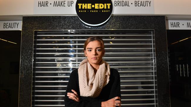 Former The Edit salon assistant Taylor Walsh at the closed Henley Square salon. She says she was asked to resign after repeatedly requesting her unpaid wages. Picture: AAP / Keryn Stevens