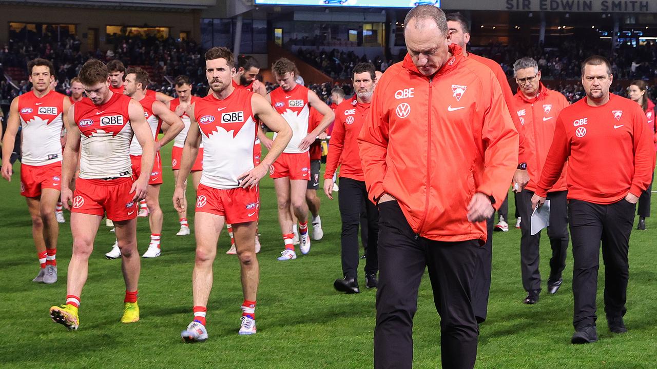 ADELAIDE, AUSTRALIA - AUG 03: John Longmire, Senior Coach of the Swans after the loss during the 2024 AFL Round 21 match between the Port Adelaide Power and the Sydney Swans at Adelaide Oval on August 03, 2024 in Adelaide, Australia. (Photo by Sarah Reed/AFL Photos via Getty Images)