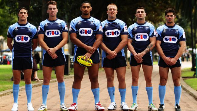 Mitchell Moses, Clint Gutherson, Pauli Pauli, Jake Trbojevic, Jack Bird and Jake Mamo who are part of the next generation of NSW Origin players ahead of the Under-20s Origin game, at the Novotel Hotel in Parramatta, Sydney. Pic Brett Costello