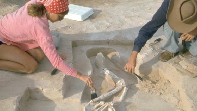 The scene of the Mungo Man excavation in 1974 as researchers unearth the oldest Indigenous human remains on the Australian continent. Picture: Jim Bowler