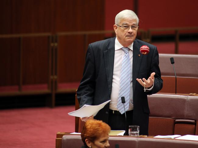 Job PD900844: One Nation Senators, Pauline Hanson with NSW senator Brian Burston and WA Senator Peter Georgiou in the Senate chamber in Parliament House in Canberra. Picture Gary Ramage