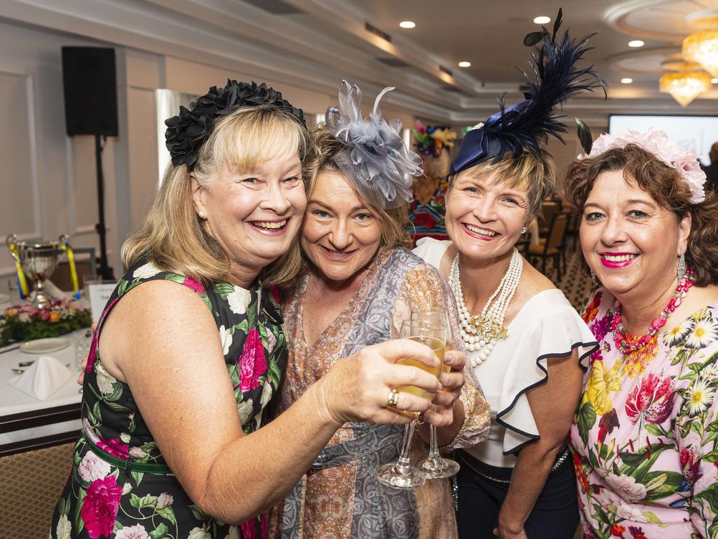 At Hope Horizons Melbourne Cup charity lunch are (from left) Kate Cutmore, Karen Zimmermann, Helen Young and Karen Bidgood, the lunch is hosted by Rotary Club of Toowoomba City at Burke and Willls Hotel, Tuesday, November 5, 2024. Picture: Kevin Farmer