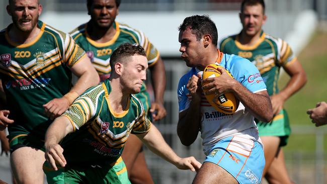 Trial match. Cairns Foley Shield side vs Northern Pride under-20s at Barlow Park. Foley Shield's Ben Cocciolone and Pride's Jacob McCarthy. PICTURE: STEWART McLEAN