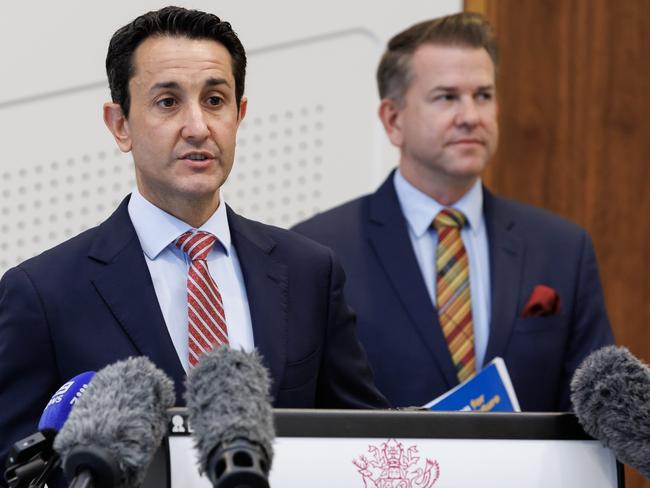 Premier David Crisafulli (left) with and Deputy Premier Jarrod Bleijie on Sunday. Picture: Lachie Millard