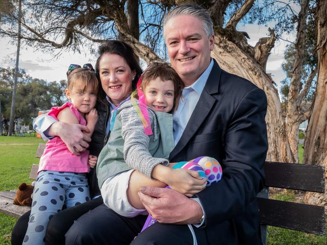 05-07-20 - Mathias Cormann with his family wife Hayley, Isabelle (7 pink socks) and Charlotte (4) in Applecross today to announce his retirement from Federal polotics.Pic:Tony McDonough