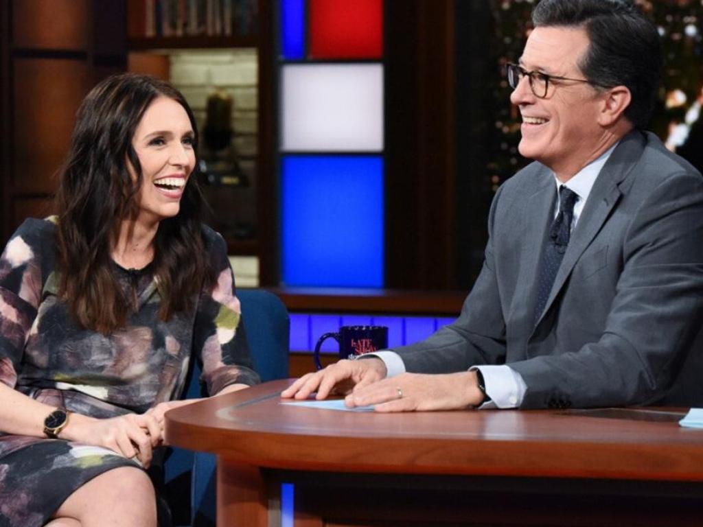 Stephen Colbert, with NZ PM Jacinda Ardern, has cancelled his trip to New Zealand in the wake of the Christchurch attacks. Picture: CBS 