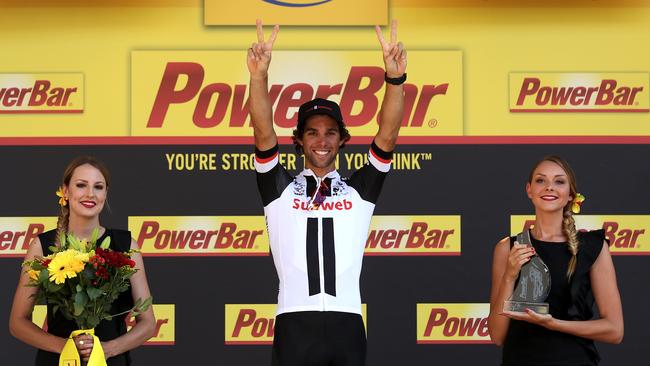 Matthews celebrates on the podium. Picture: Getty