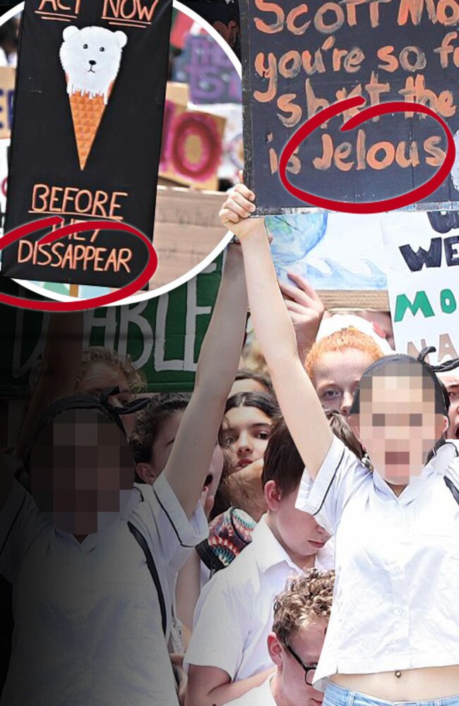 Misspelt protest signs displayed at last November’s student climate change rally. Pictures: Getty, Jenny Evans